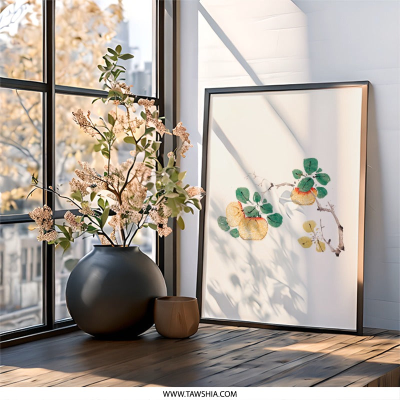 Persimmon Wall Art, Botanical Print, Asian Art Decor, Fruit Illustration, Modern Home Decor, Nature Inspired Artwork, Framed Art - Tawshia