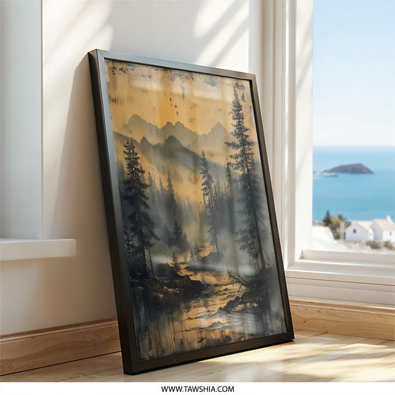 Misty Mountain Wall Art, Forest Landscape Print, River Scene Artwork, Pine Tree Painting, Nature Lover Decor, Framed Wall Art - Tawshia
