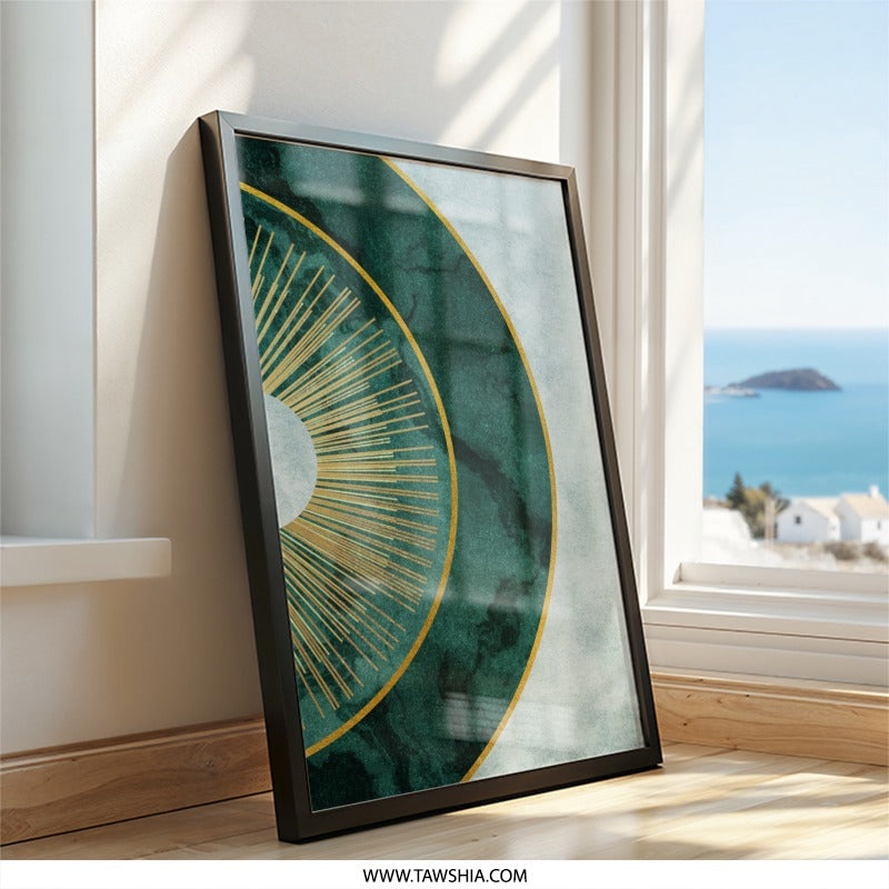 Emerald Gold Burst Wall Art, Abstract Circle Print, Modern Home Decor, Elegant Wall Decor, Stylish Artwork, Contemporary Design - Tawshia