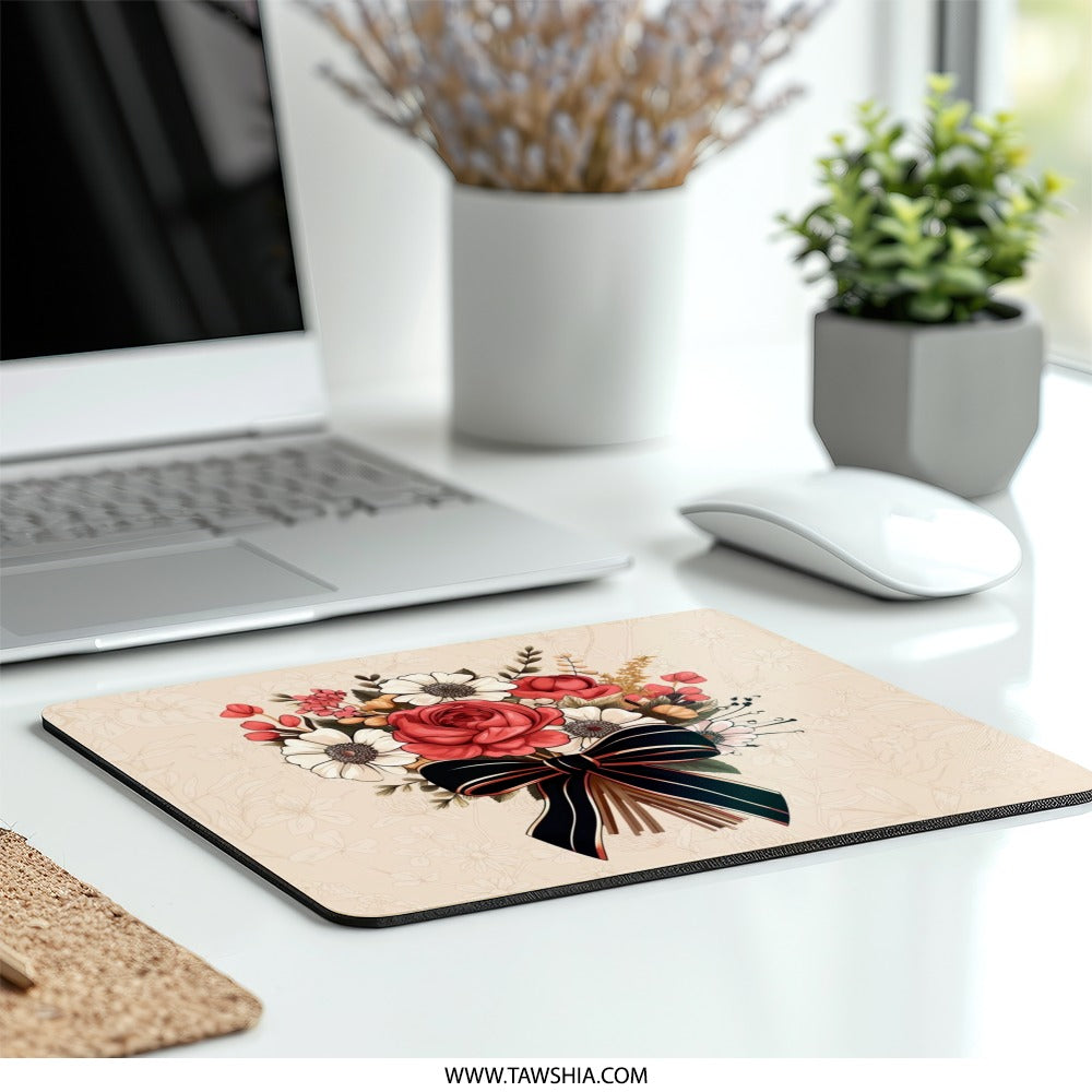 Floral Bouquet MousePad, Rose Flower, Ribbon Bow, Trendy Office Decor, Computer Accessories, Floral Desk Mat, Stylish Mouse Pad Design - Tawshia