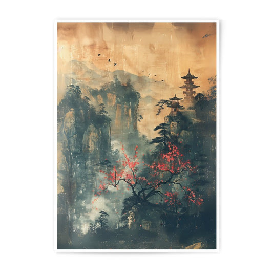 Asian Landscape Photographic Print, Japanese Art Print, Oriental Wall Art, Pagoda Decor, Mountain Scene, Red Blossom Tree, Birds, Calm - Tawshia