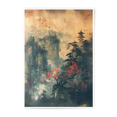 Asian Landscape Photographic Print, Japanese Art Print, Oriental Wall Art, Pagoda Decor, Mountain Scene, Red Blossom Tree, Birds, Calm - Tawshia