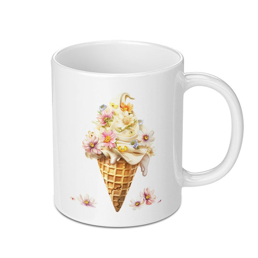 Floral Ice Cream Cone Mug, Spring Flowers Mug, Watercolor Ice Cream Art Mug, Cute Coffee Mug, Dessert Lover Gift, Whimsical Mug - Tawshia