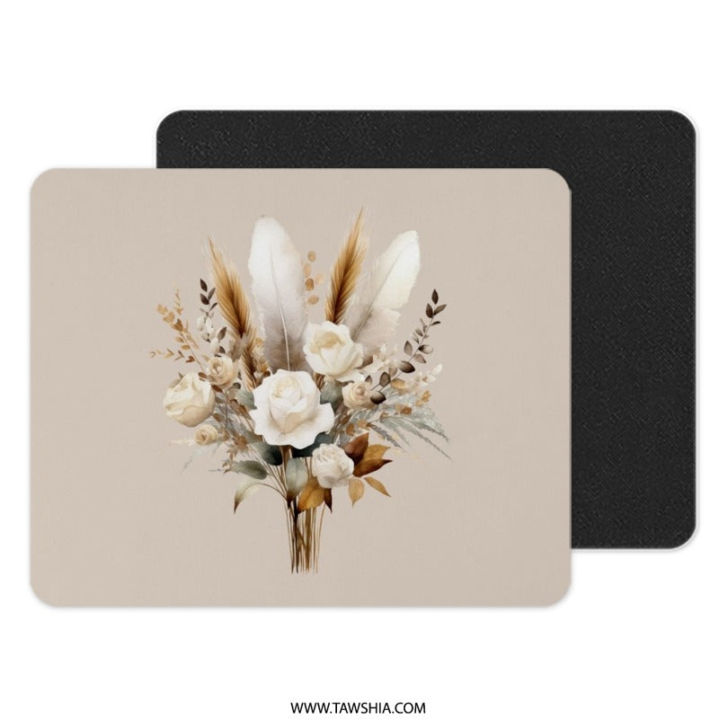 Boho Floral Mouse Pad, Cream Rose Bouquet, Feather Accents, Trendy Office Decor, Unique Computer Accessory, Stylish Workspace - Tawshia