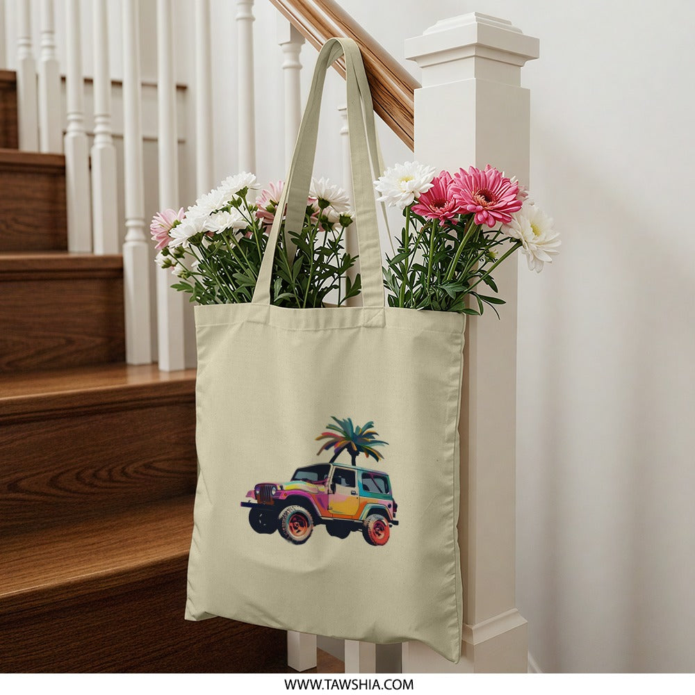 Colorful Jeep Tote Bag, Palm Tree Art Tote, Tropical Beach Tote, Summer Vibes Bag, Gift for Jeep Lover, Vacation Tote Bag, Trendy Everyday - Tawshia