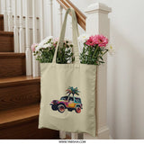 Colorful Jeep Tote Bag, Palm Tree Art Tote, Tropical Beach Tote, Summer Vibes Bag, Gift for Jeep Lover, Vacation Tote Bag, Trendy Everyday - Tawshia