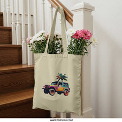 Colorful Jeep Tote Bag, Palm Tree Art Tote, Tropical Beach Tote, Summer Vibes Bag, Gift for Jeep Lover, Vacation Tote Bag, Trendy Everyday - Tawshia