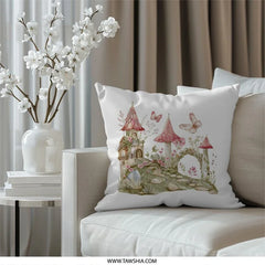 Fairy Tale Pillow, Mushroom House, Butterfly Pillow, Fantasy Castle Decor, Whimsical Home Decor Pillow, Kids Room Decor Pillow - Tawshia