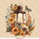 Floral Lantern Pinback Button, Sunflower Butterfly Badge, Rustic Lantern Art Button, Autumn Flower Pinback Button - Tawshia