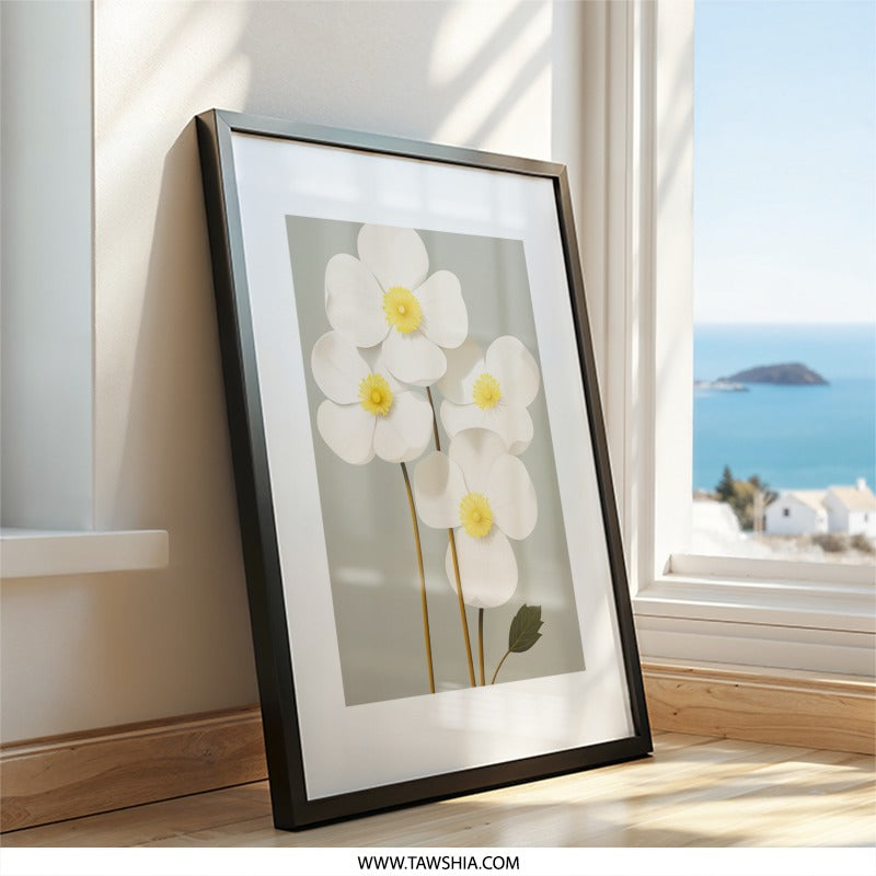 White Anemone Wall Art, Floral Print, Botanical Illustration, Flower Wall Decor, Modern Home Art, Minimalist Wall Art, Gift Idea - Tawshia