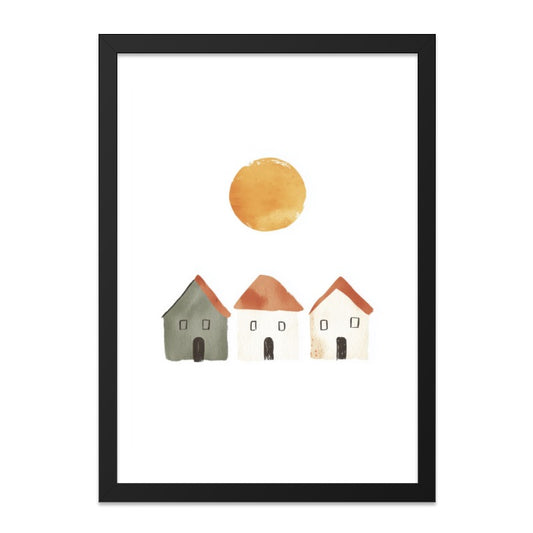 Watercolor House Wall Art, Minimalist Landscape Print, Sun and Houses Art, Home Decor, Watercolor Painting, Modern Art, Wall Decor - Tawshia