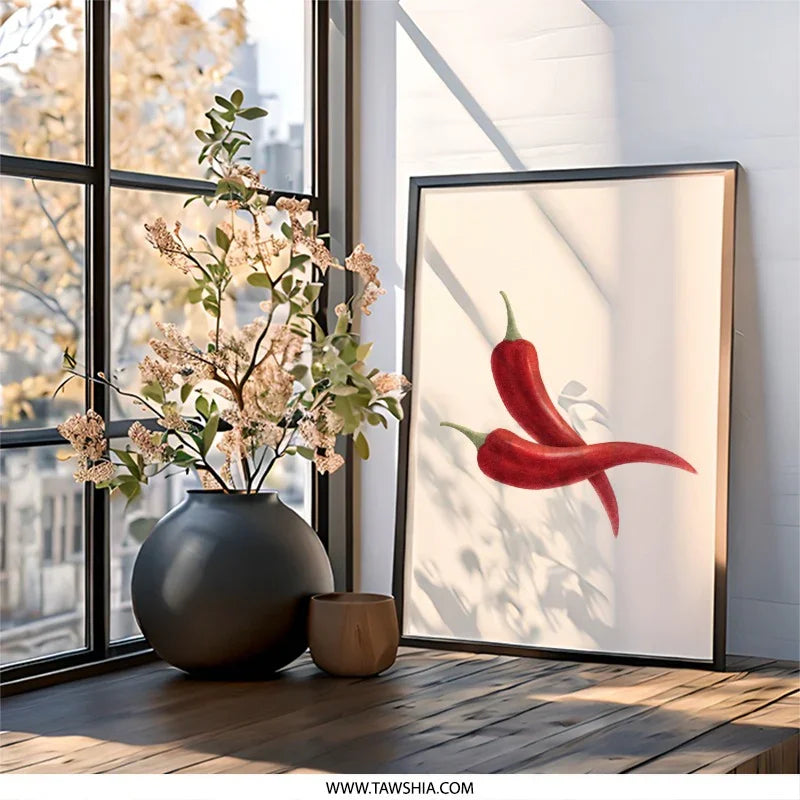 Red Chili Pepper Wall Art, Kitchen Decor, Food Illustration Print, Botanical Art Print, Spicy Chili Art, Modern Wall Decor - Tawshia