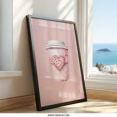 Pink Coffee Cup Wall Art, Heart Theme Print, Watercolor Style Decor, Romantic Coffee Lover Gift, Cute Kitchen Art - Tawshia