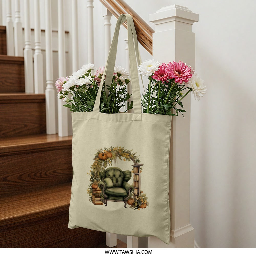 Autumn Reading Nook Tote, Cozy Fall Vibes, Literary Tote Bag, Book Lover Gift, Thanksgiving Harvest, Seasonal Tote, Library Card Tote - Tawshia