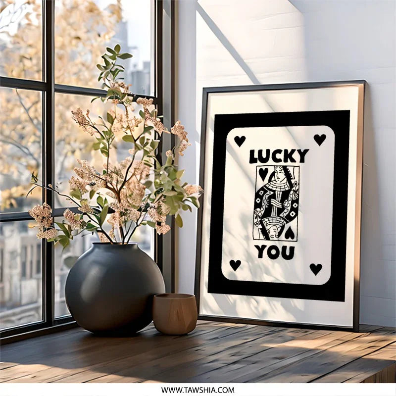 Lucky You Wall Art, Queen of Hearts Print, Playing Card Wall Decor, Lucky Art Print, Minimalist Wall Art, Black and White Artwork - Tawshia
