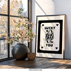Lucky You Wall Art, Queen of Hearts Print, Playing Card Wall Decor, Lucky Art Print, Minimalist Wall Art, Black and White Artwork - Tawshia