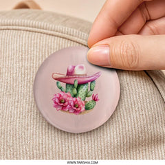 Cactus and Sombrero Pinback Button, Desert Flower Accessory, Southwestern Style Pin, Cute Cactus Button, Pink and Green Badge - Tawshia