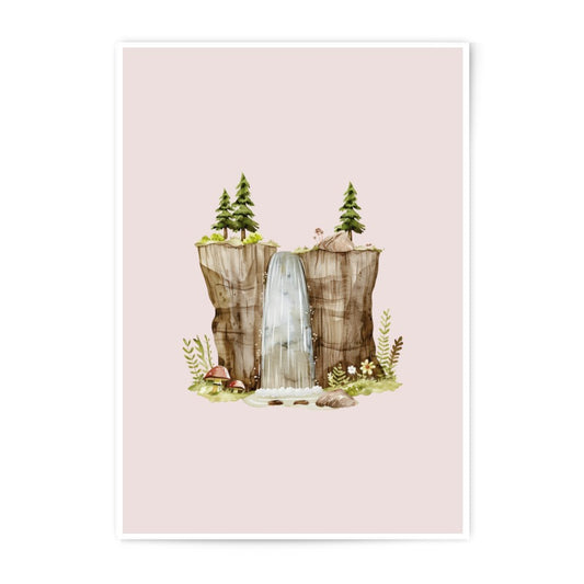 Watercolor Waterfall Art Photographic Prints, Nature Landscape Print, Forest Scenery Wall Decor, Whimsical Home Art, Woodland Illustration - Tawshia