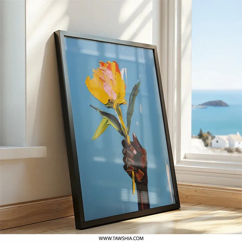 Yellow Flower Wall Art, Hand Holding Flower Print, Expressionist Art, Floral Wall Decor, Trendy Wall Art, Home Decor Art - Tawshia