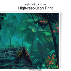 Jungle Hut Photographic Print, Tropical Forest Art, Exotic Home Decor, Lush Foliage Illustration, Cabin in Rainforest, Nature Wall Art - Tawshia