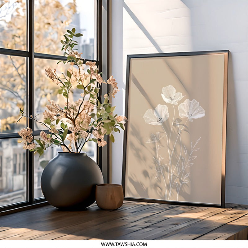 Beige Floral Wall Art, Minimalist Flower Print, Botanical Line Art, Neutral Decor, Elegant Wall Decor, Modern Home Art, Flower Wall Art - Tawshia