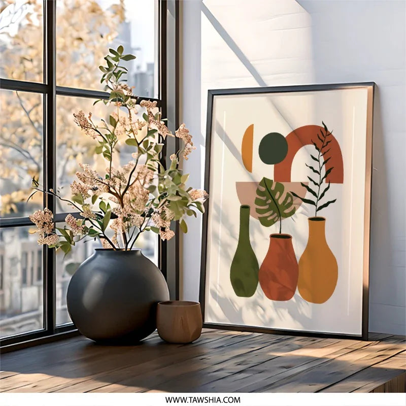 Abstract Plant Wall Art, Geometric Art Print, Modern Home Decor, Neutral Tone Art, Minimalist Design, Botanical Print, Living Room Wall Art - Tawshia