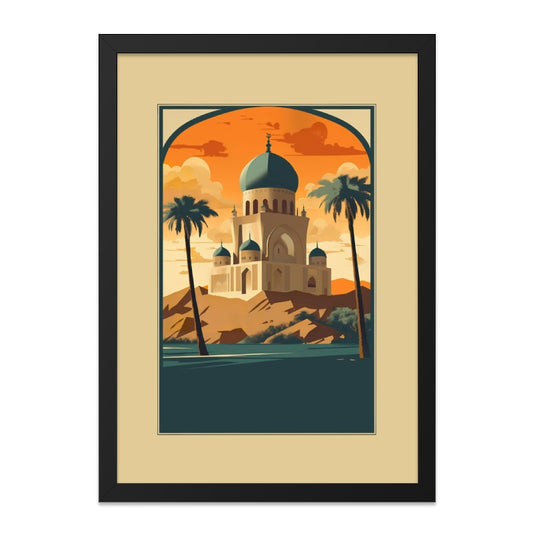 Islamic Architecture Wall Art, Mosque Art Print, Middle Eastern Decor, Palm Trees, Landscape, Arched Frame, Colorful Wall Decor - Tawshia
