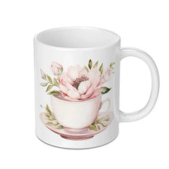 Floral Tea Cup Mug, Watercolor Flower Mug, Pink Floral Coffee Mug, Elegant Tea Lover Gift, Unique Mug Design, Cute Mug, Drinkware - Tawshia
