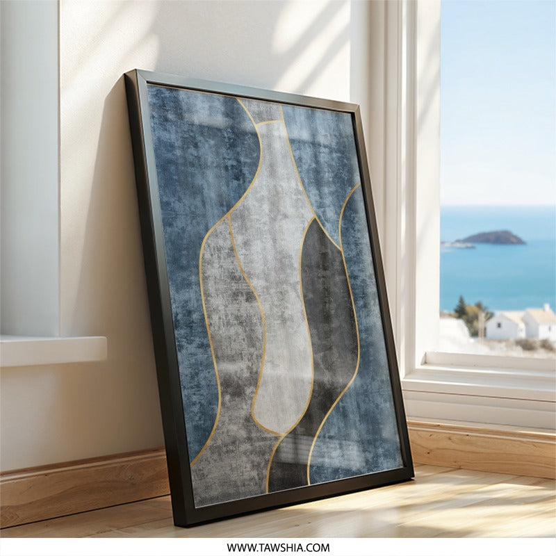 Abstract Shapes Wall Art, Blue Gray and Gold, Modern Art Print, Geometric Art, Home Decor, Minimalist Design - Tawshia