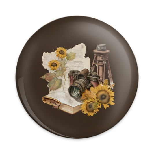 Vintage Camera Pinback Button, Sunflower Badge, Retro Photography, Book Button, Travel Gift, Tripod Button, Aesthetic Pinback Button - Tawshia