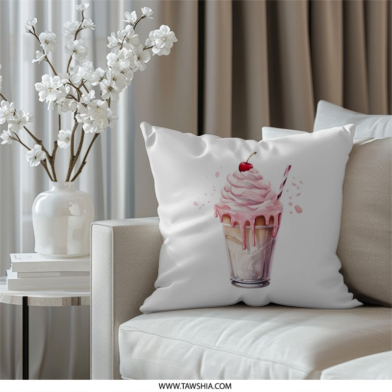Milkshake Pillow, Dessert Pillow, Pink Treat Pillow, Foodie Gift Pillow, Sweet Tooth Decor Pillow, Cherry Topping Pillow - Tawshia