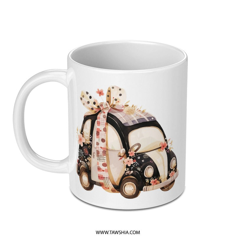 Cute Car Mug, Decorated Car, Floral Car, Unique Coffee Mug, Quirky Mugs, Gift Mug, Novelty Drinkware, Car Lover Mug - Tawshia