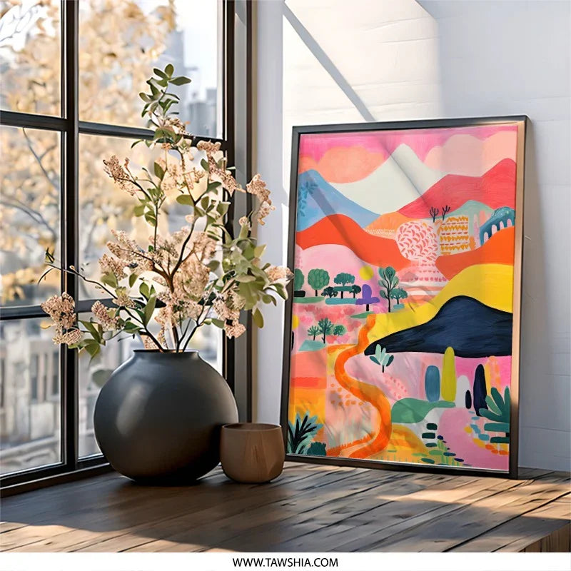 Colorful Landscape Wall Art, Whimsical Mountain Print, Abstract Nature Painting, Playful Home Decor, Modern Art Print - Tawshia