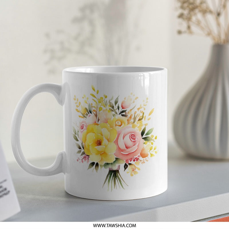 Floral Bouquet Mug, Watercolor Roses, Flower Lover Gift, Unique Coffee Mug, Elegant Tea Cup, Birthday Present, Artistic Mug Design - Tawshia