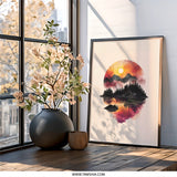 Mountain Lake Wall Art, Sunset Reflection Print, Nature Landscape Poster, Forest Silhouette Artwork, Serene Home Decor - Tawshia