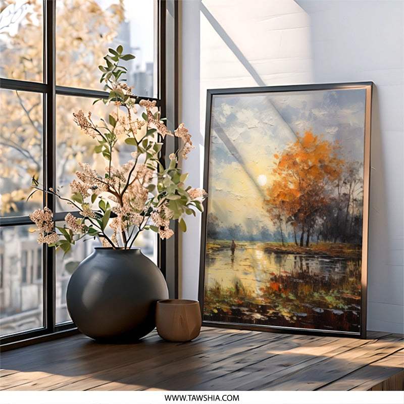 Golden Autumn Landscape Wall Art, Impressionist Painting, Fall Decor, Nature Scene, River Sunrise, Home Decor, Wall Decor, Framed Art - Tawshia