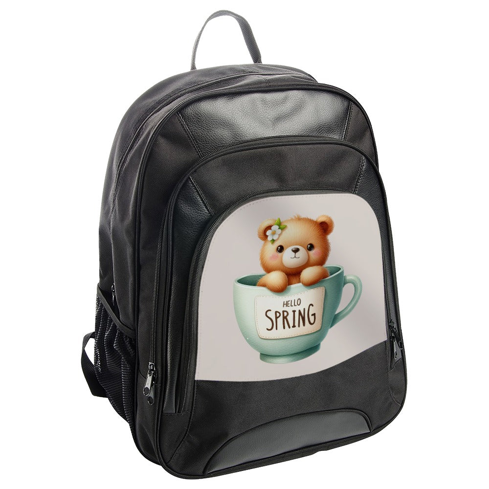 Hello Spring Bear Backpack, Cute Teddy in Cup Design, Floral Accent, Springtime School Bag, Kids Backpack, Everyday Carry - Tawshia