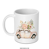 Floral Car Mug, Vintage Vehicle, Flower Bouquet, Cute Mug, Retro Car Art, Coffee Mug, Tea Cup, Gift Idea - Tawshia
