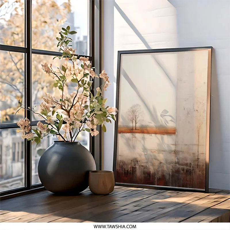 Minimalist Landscape Wall Art, Abstract Tree Painting Print, Modern Reflection Art, Neutral Tone Home Decor, Serene Scenery Wall Decor - Tawshia