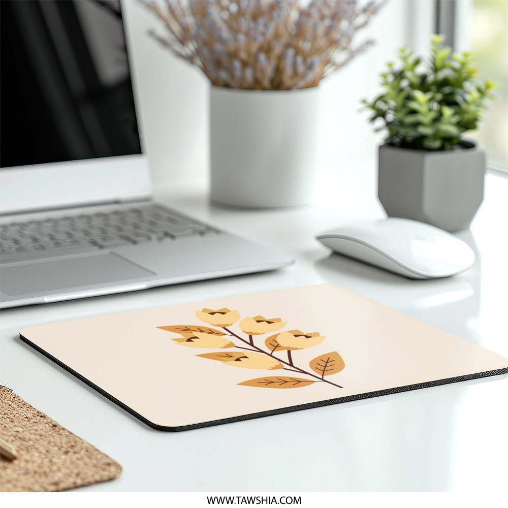 Floral Mouse Pad, Botanical Computer Accessory, Beige Yellow, Modern Office Decor, Nature Inspired, Aesthetic Gift, Desk Mat, Mousepad - Tawshia