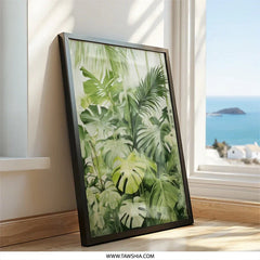 Tropical Wall Art, Green Leaves Print, Botanical Art Decor, Monstera Leaves Painting, Tropical Plants Artwork, Lush Foliage Wall Decor - Tawshia