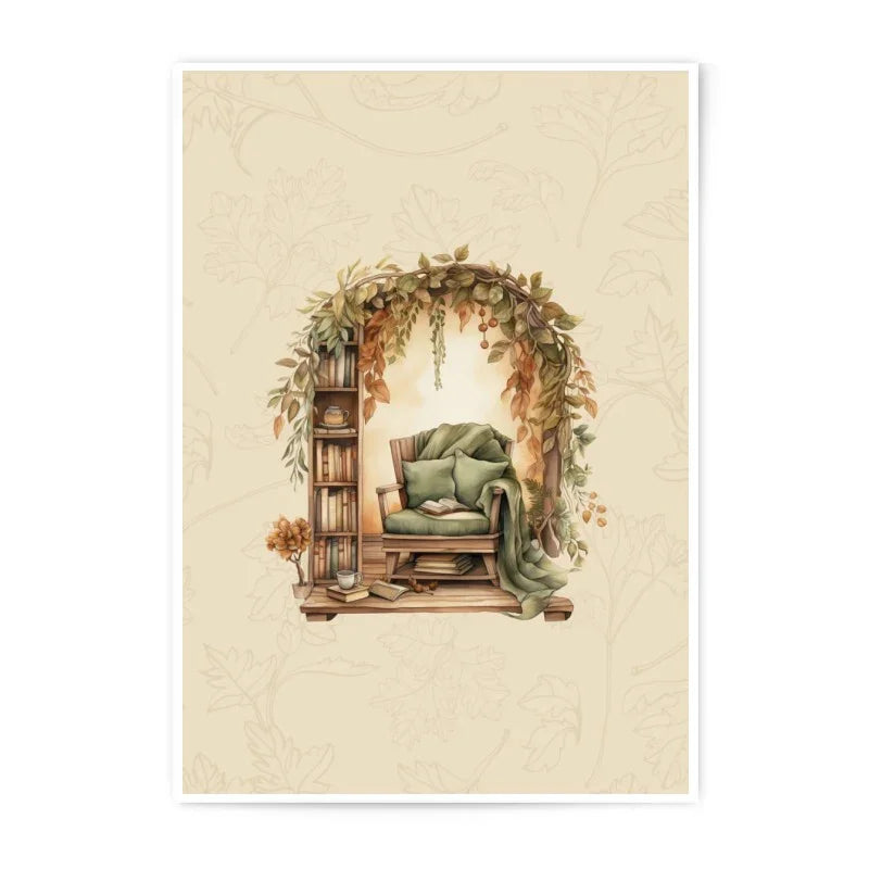 Cozy Reading Nook Photographic Print, Autumn Decor Art, Bookshelf Chair Foliage, Botanical Wall Hanging, Fall Home Decor, Literary Gift - Tawshia