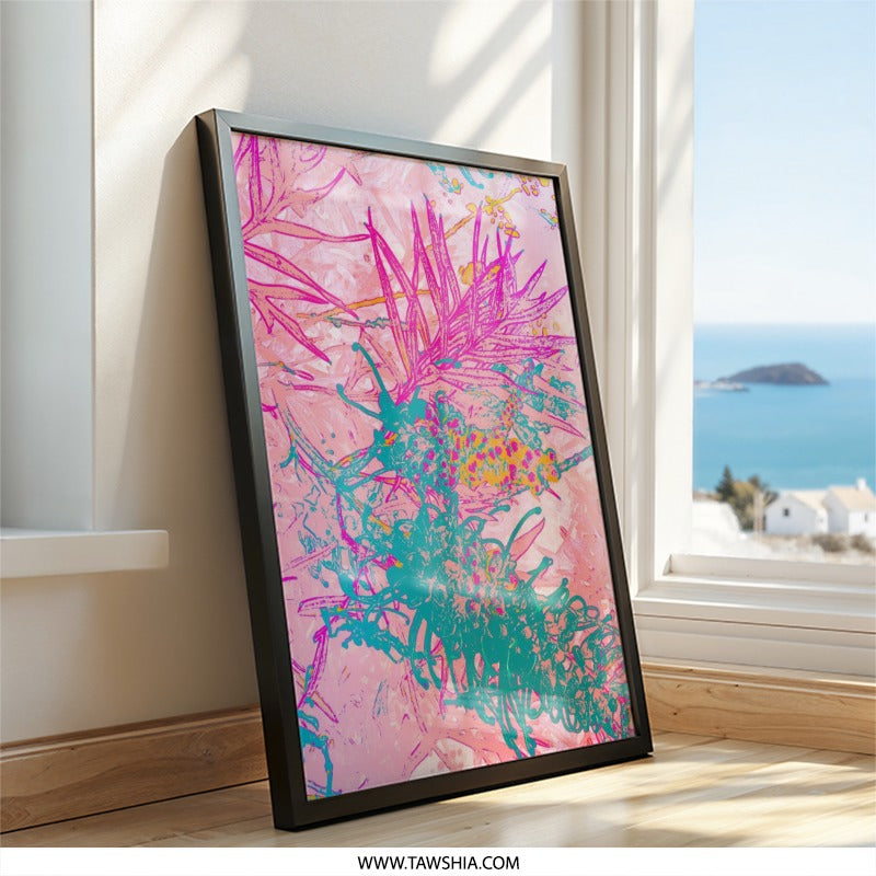 Abstract Banksia Wall Art, Vivid Botanical Print, Pink and Teal Home Decor, Modern Floral Artwork, Australian Native Plant Art - Tawshia