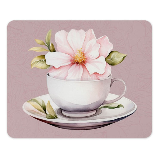 Floral Mousepad, Tea Cup Mouse Pad, Pink Flower Mouse Mat, Botanical Decor, Cute Office Decor, Flower Gift, Watercolor Mousepad - Tawshia