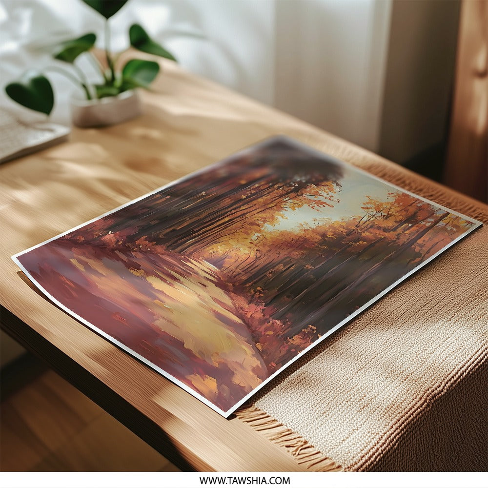 Autumn Forest Photographic Print, Fall Landscape Art, Golden Road Photography, Nature Wall Decor, Seasonal Home Accent - Tawshia