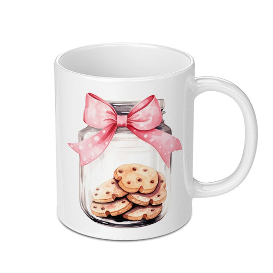Cute Cookies Jar Mug, Pink Bow Mug, Sweet Treat Mug, Watercolor Art Coffee Cup, Gift for Baker, Food Lover Mug, Unique Mug - Tawshia