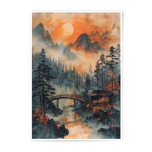 Japanese Landscape Photographic Print, Oriental Art, Mountain Scene, House on Lake, Forest Print, Wall Art, Home Decor, Nature Print - Tawshia