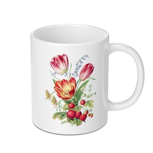 Tulip and Strawberry Mug, Floral Mug, Botanical Mug, Flower Mug, Nature Mug, Gift Mug, Coffee Mug, Tea Mug, Kitchen Decor - Tawshia