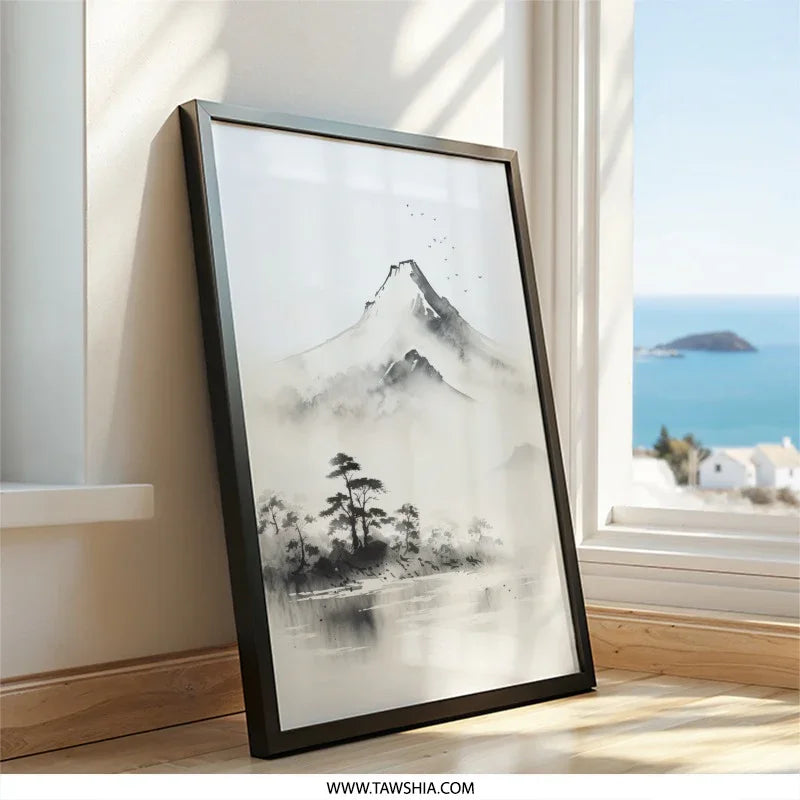 Mountain Landscape Wall Art, Ink Wash Painting Print, Sumi e Art, Nature Scenery Art Print, Japanese Mountain Art Poster - Tawshia
