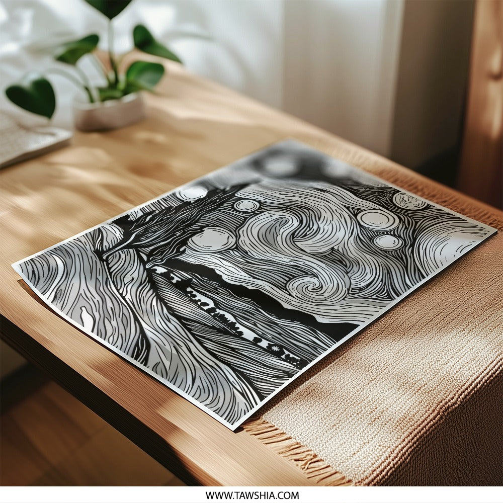 Starry Night Inspired Photographic Print, Abstract Landscape Art, Home Decor, Black and White, Wall Art, Gift Idea - Tawshia
